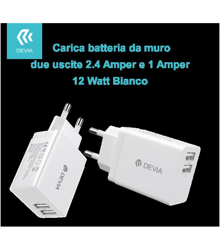 Carica Batterie 2 Uscite 2.4 Amper e 1 Amper 12 Watt Bianco