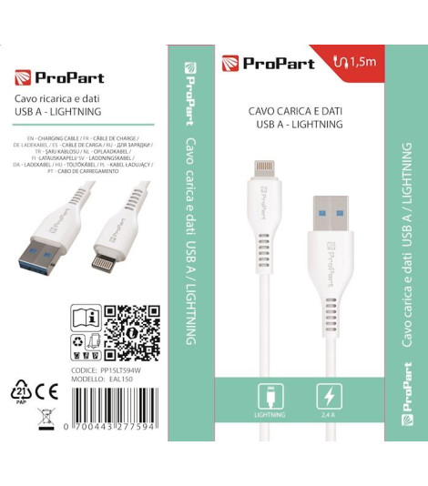 Cavo Lightning Apple 5V 2.4A 1.5mt Carica e dati Bianco