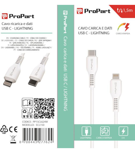 Cavo Lightning - Tipo-C 3A 1.5mt Carica Rapida e dati Bianco