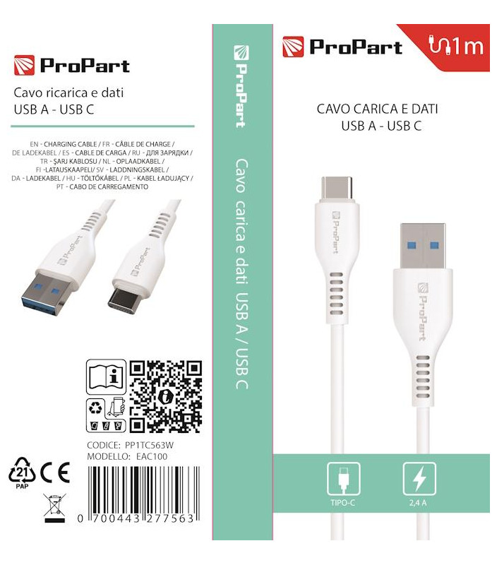 Cavo Carica e Dati Tipo-C 2.4 A. Lunghezza 1 metro Bianco