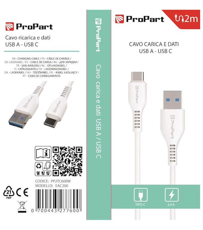 Cavo Carica e Dati Tipo-C 2.4 A. Lunghezza 2 metri Bianco