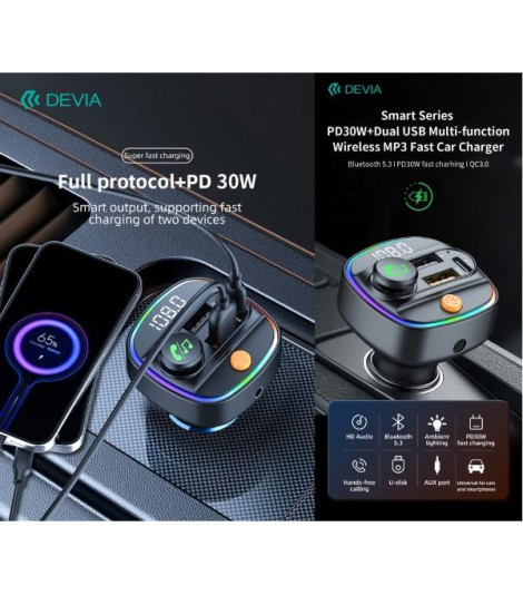 Vivavoce e Carica 30W per auto FM Bluetooth 5.3 con lettore Mp3 e Pendrive