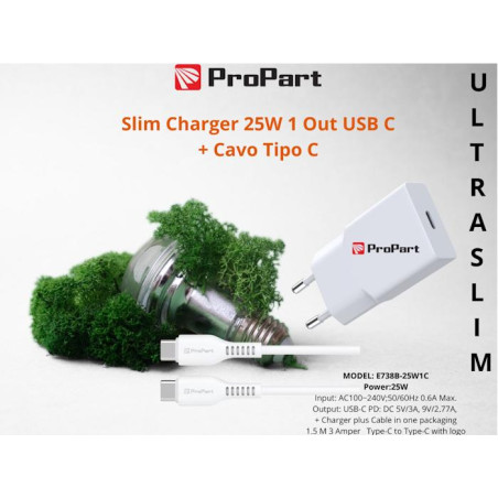 Slim Carica Batterie + Cavo Tipo C 25W 1 Out USB C
