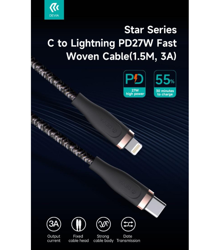 Cavo Intrecciato da C a Lightning 27W 3A, 1,5 Metri PD Nero